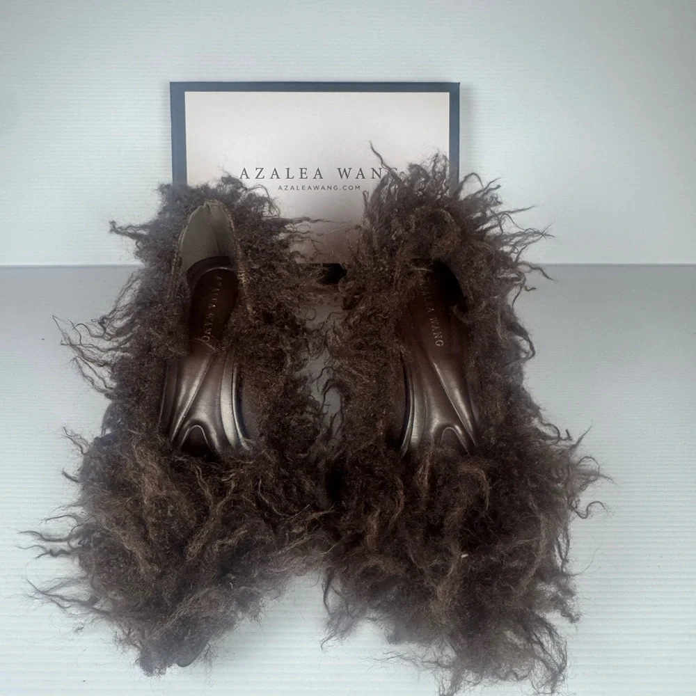Azalea Wang Jameeka Choc. Furry Statement Heels Shag Mule Party Shoe Sz. Multi